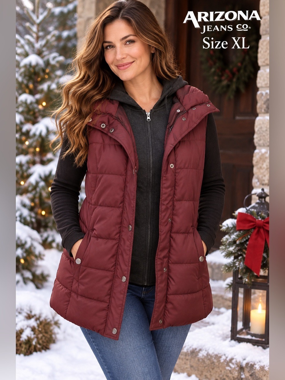 Arizona Jean Co. Women’s XL Burgundy Puffer Vest Hooded Layered Winter Jacket